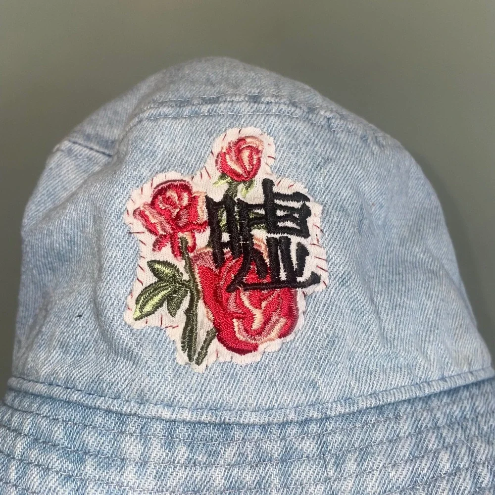 Handmade Denim Embroidered‎ Upcycled Rose Patched Unique Bucket Hat Blue L/XL